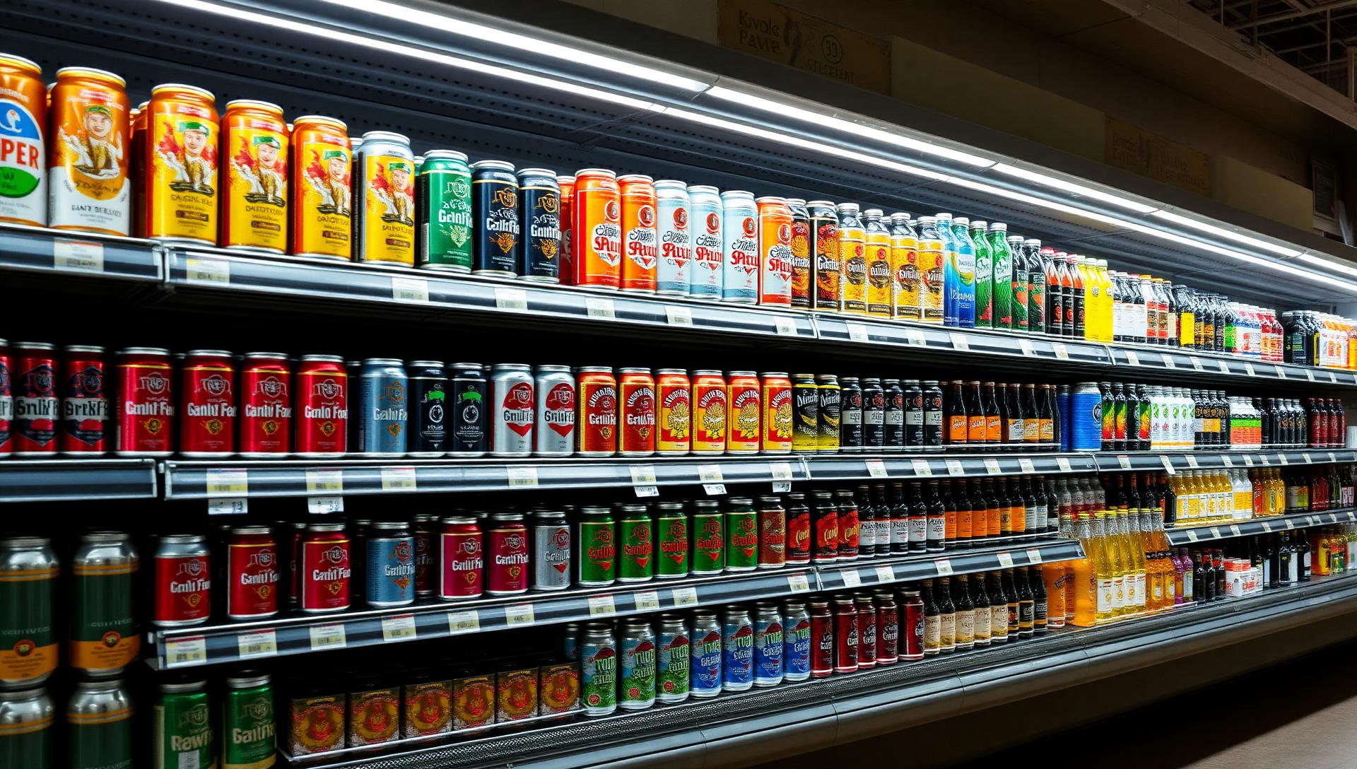 A crowded beverage shelf representing market fragmentation